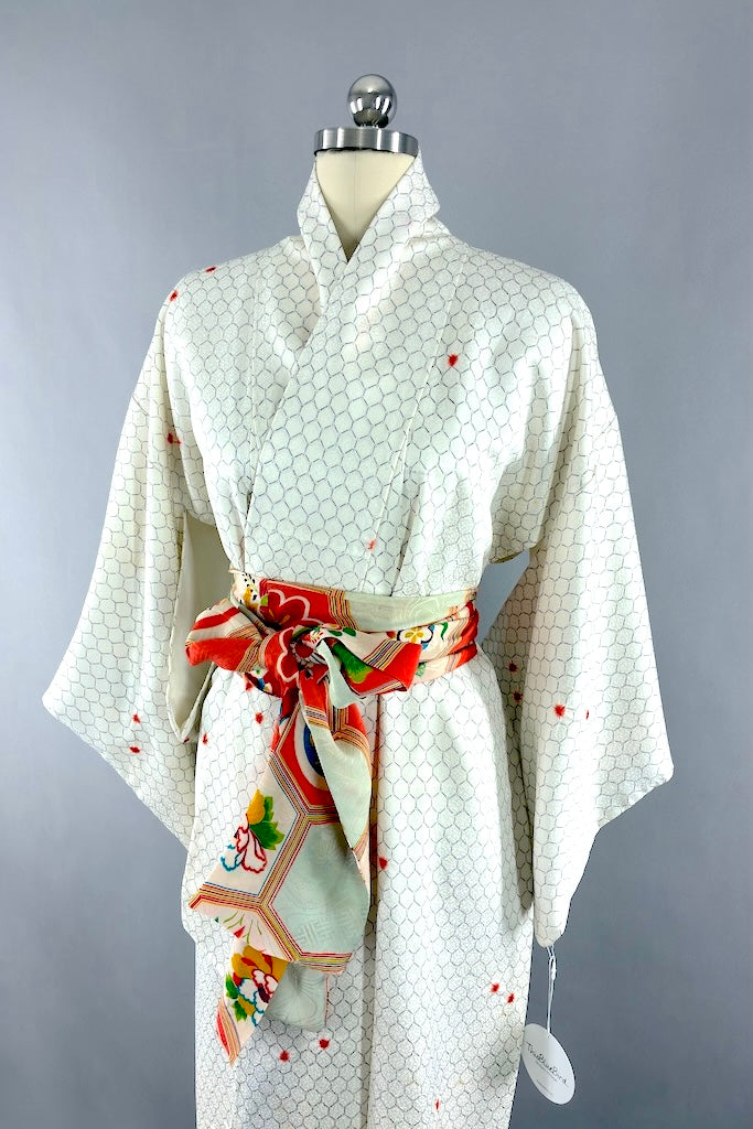 Vintage White Hexagon Print Kimono Robe-ThisBlueBird