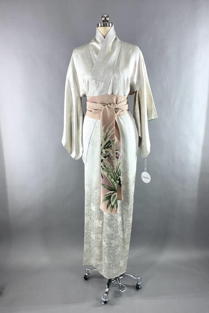 Vintage White Silk Kimono Robe-ThisBlueBird