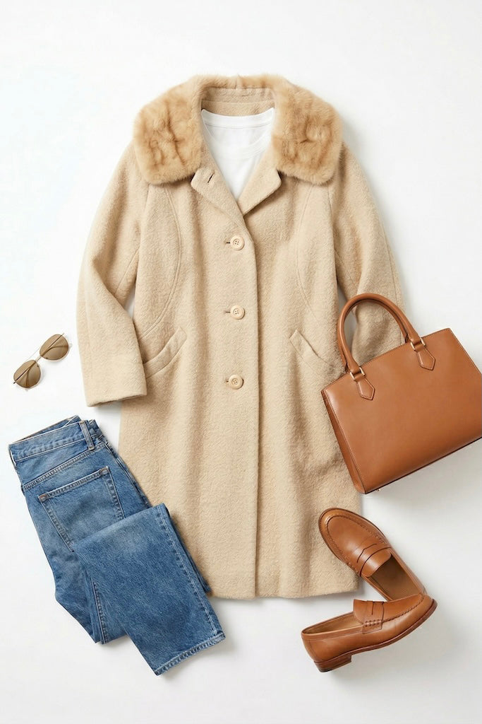 Vintage Winter Coat with Blonde Mink Fur Collar-ThisBlueBird