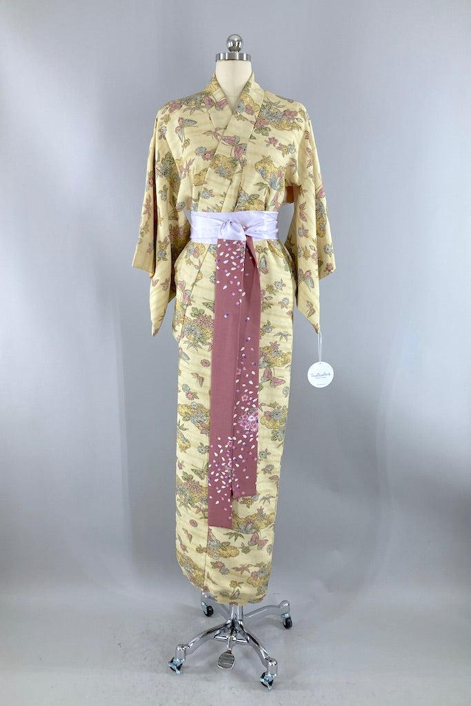 Vintage Yellow and Lavender Floral Silk Kimono Robe-ThisBlueBird