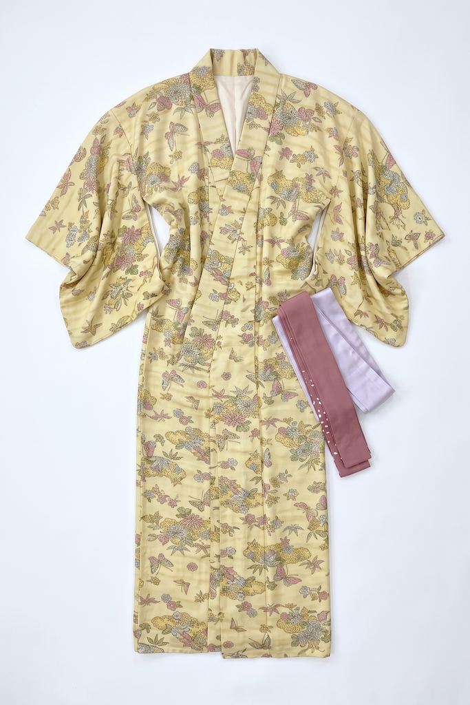 Vintage Yellow and Lavender Floral Silk Kimono Robe-ThisBlueBird