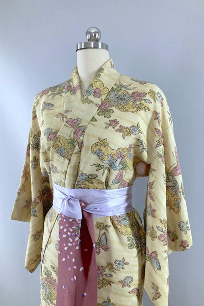 Vintage Yellow and Lavender Floral Silk Kimono-ThisBlueBird