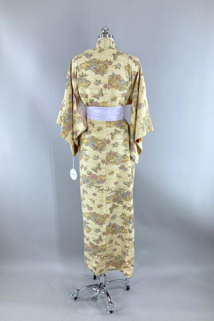 Vintage Yellow and Lavender Floral Silk Kimono-ThisBlueBird