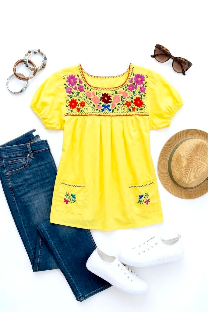 Vintage Yellow Cotton Embroidered Tunic-ThisBlueBird
