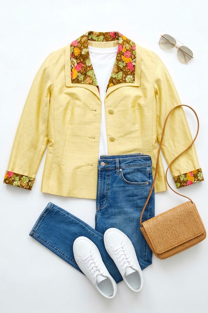 Vintage Yellow Floral Silk Jacket-ThisBlueBird