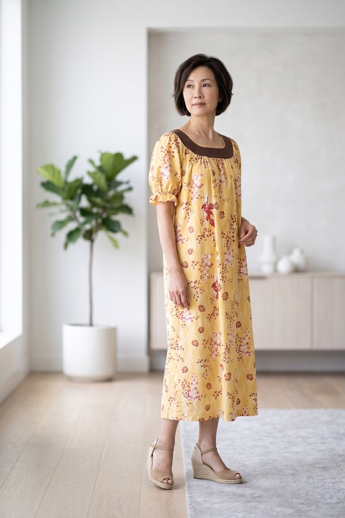 Vintage Yellow Ginger Hawaiian Print Caftan Dress-ThisBlueBird