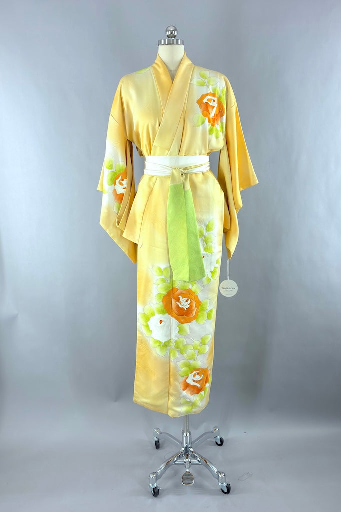 Vintage Yellow & Orange Floral Silk Kimono Robe-ThisBlueBird
