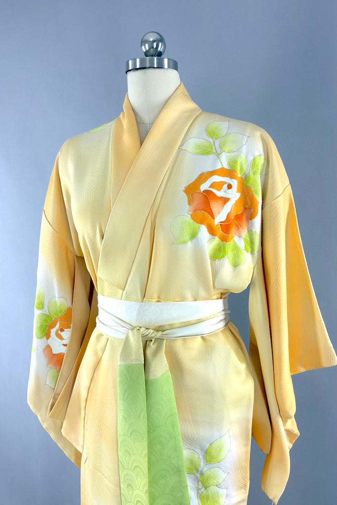 Vintage Yellow &amp; Orange Floral Silk Kimono Robe-ThisBlueBird