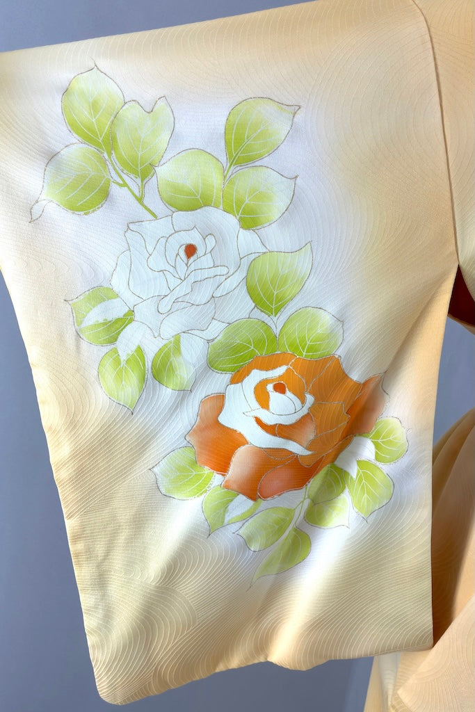 Vintage Yellow &amp; Orange Floral Silk Kimono Robe-ThisBlueBird