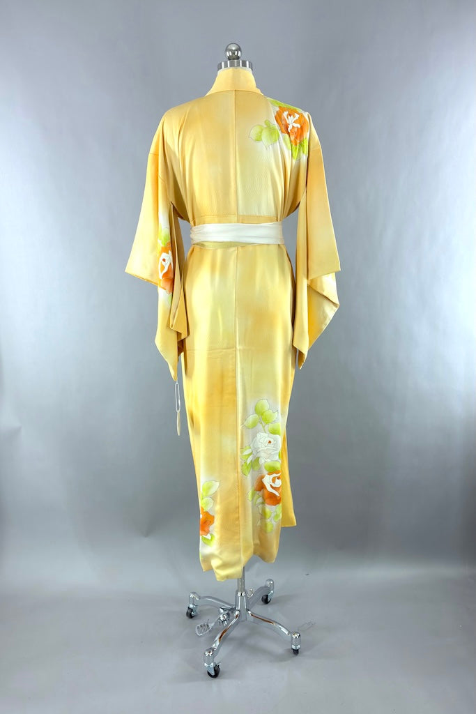 Vintage Yellow &amp; Orange Floral Silk Kimono Robe-ThisBlueBird