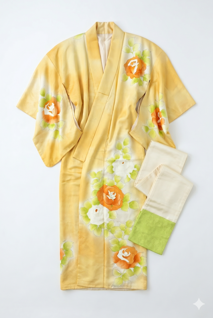 Vintage Yellow & Orange Floral Silk Kimono Robe-ThisBlueBird