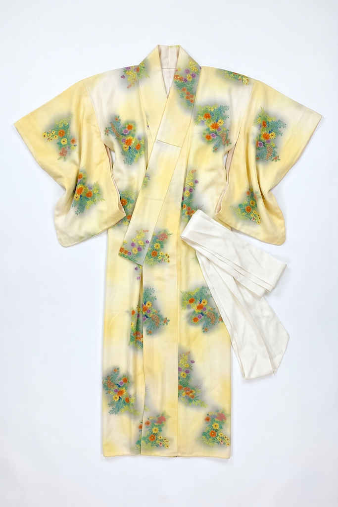 Vintage Yellow Spring Floral Silk Kimono Robe-ThisBlueBird