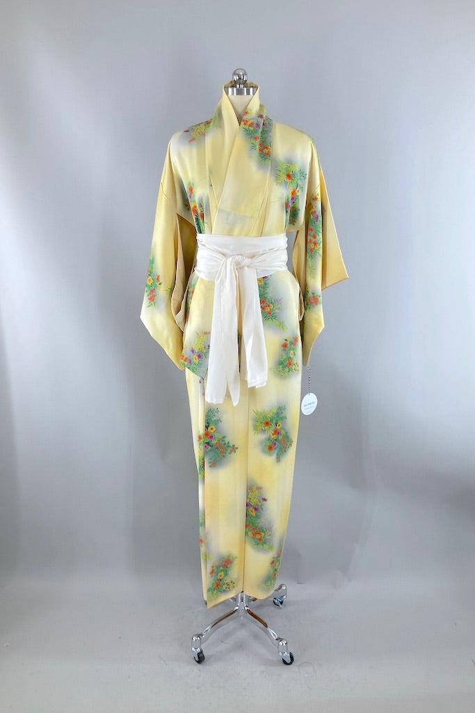 Vintage Yellow Spring Floral Silk Kimono-ThisBlueBird