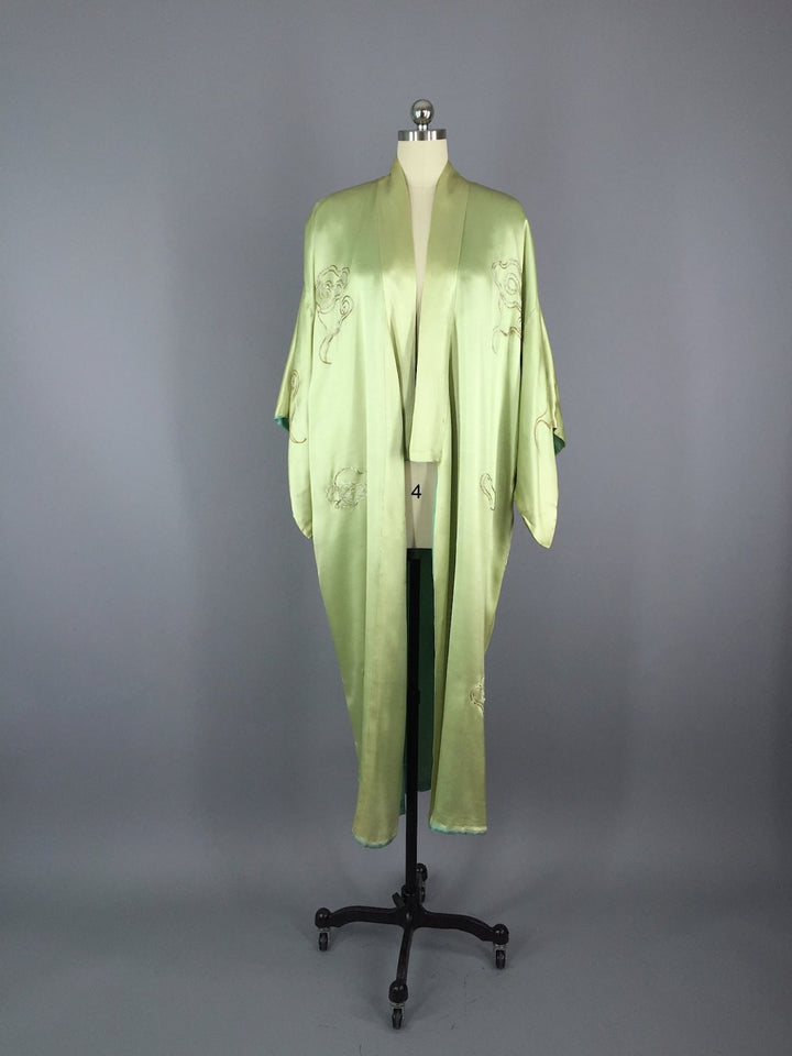 1915 - 1920 Antique Silk Kimono Robe / Embroidered Dragons - ThisBlueBird