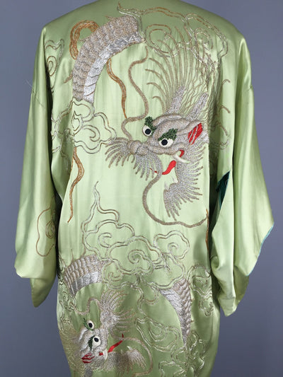 1915 - 1920 Antique Silk Kimono Robe / Embroidered Dragons - ThisBlueBird