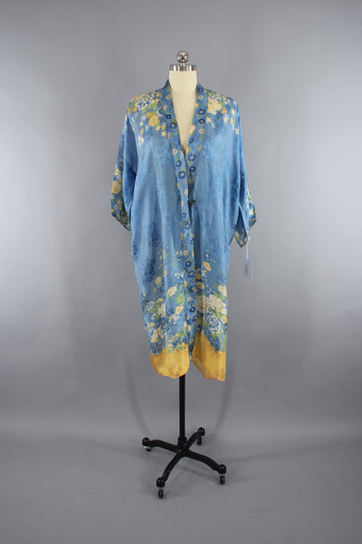 1920s - 1930s Vintage Silk Kimono Robe / Art Deco Flapper / Sky Blue and Yellow Floral Print - ThisBlueBird