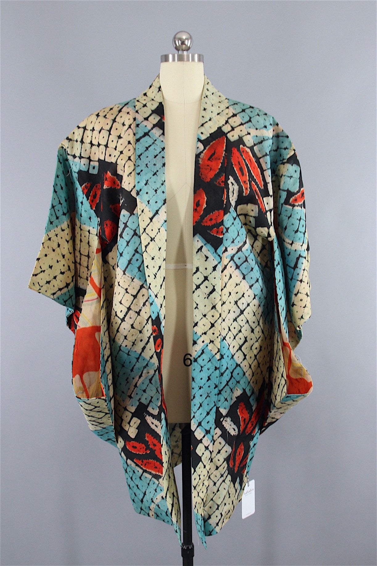 1920s Vintage Silk Haori Kimono Jacket Cardigan / Aqua Orange Shibori - ThisBlueBird