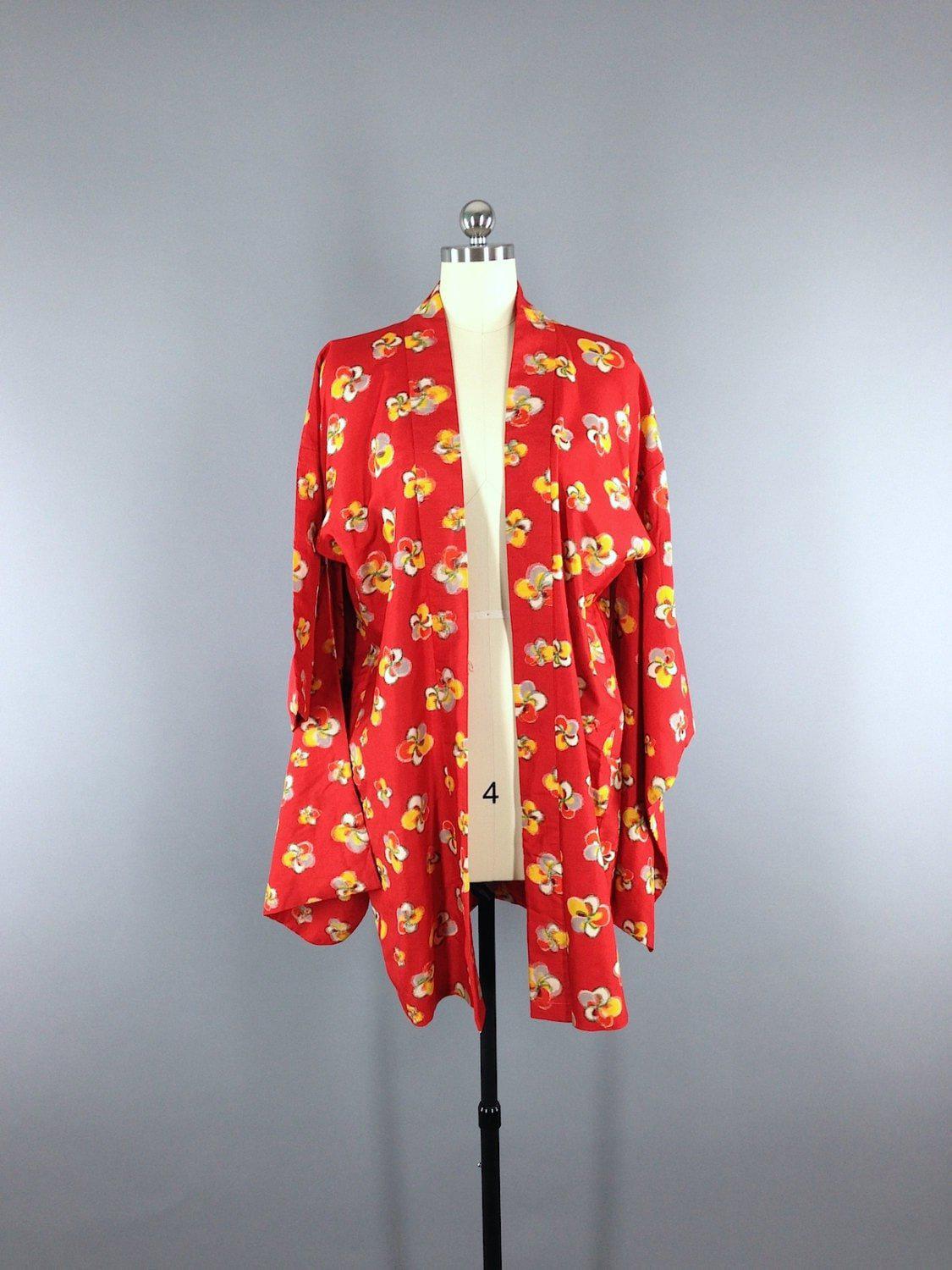 1920s Vintage Silk Haori Kimono Jacket / Red Floral Ikat - ThisBlueBird