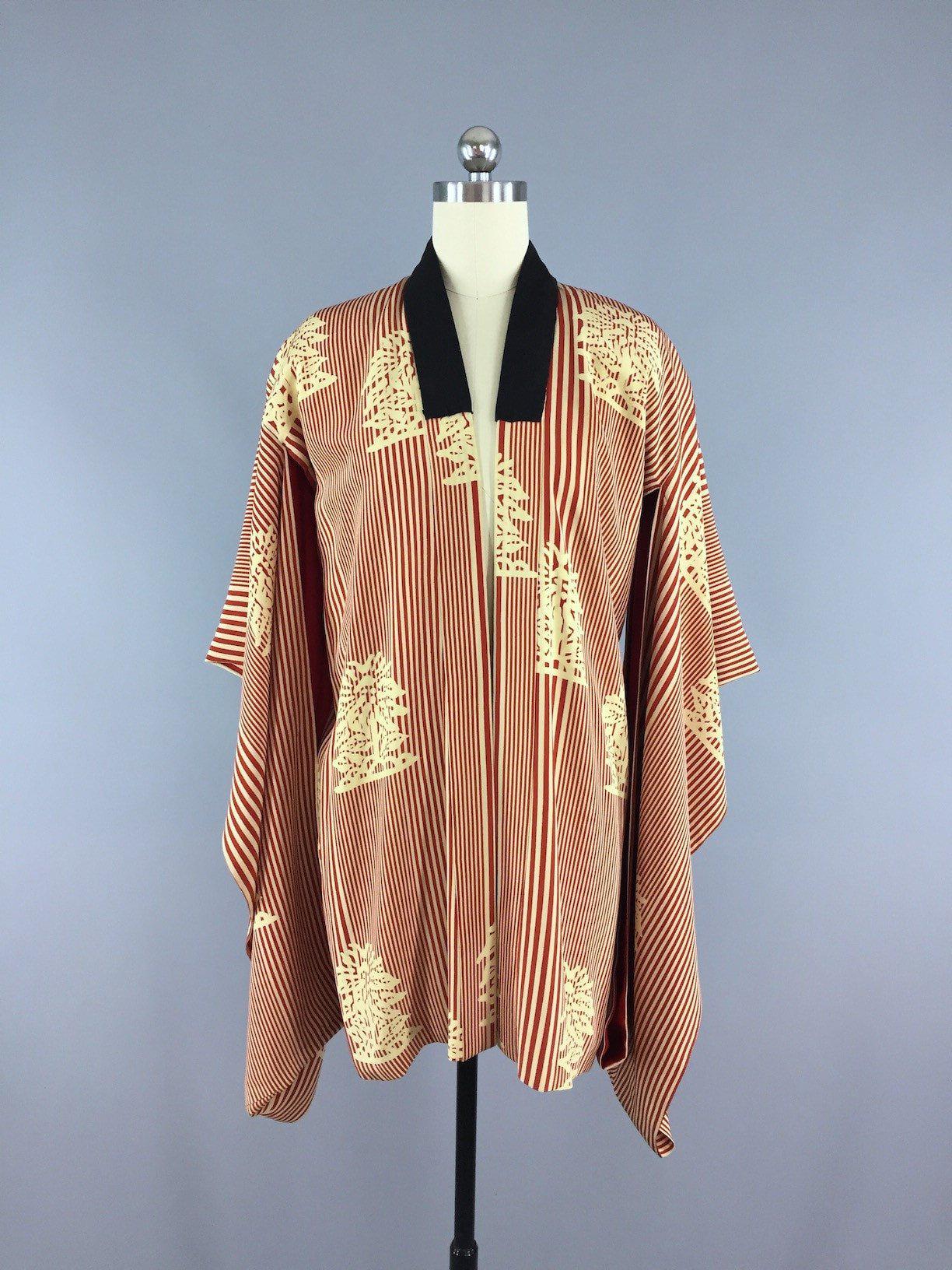 1920s Vintage Silk Haori Kimono Jacket / Red Stripes - ThisBlueBird