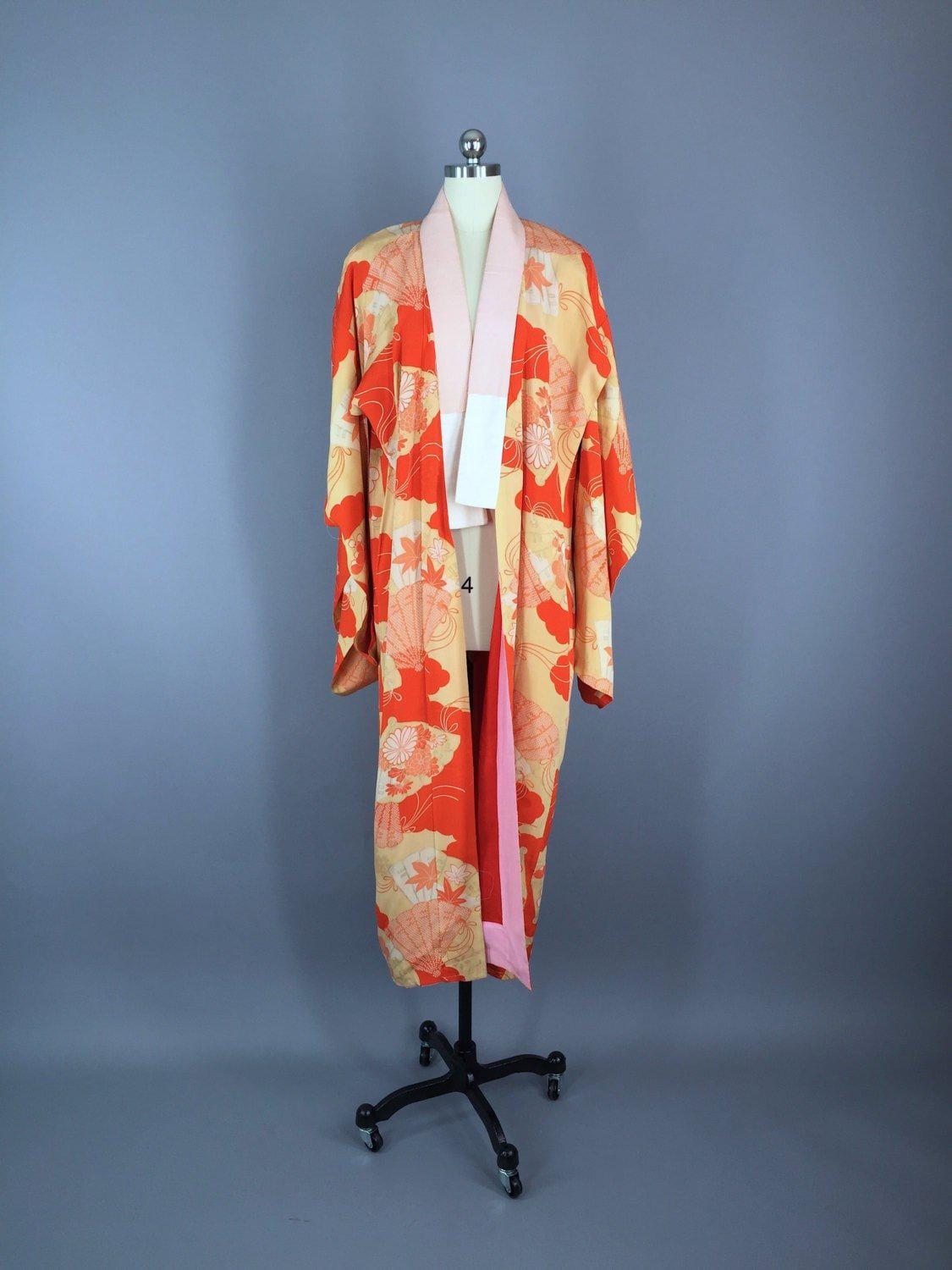 1920s Vintage Silk Kimono Juban / Red Orange Fan Print - ThisBlueBird