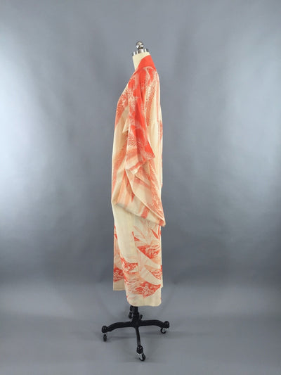 1920s Vintage Silk Kimono Robe / Orange Floral Print - ThisBlueBird