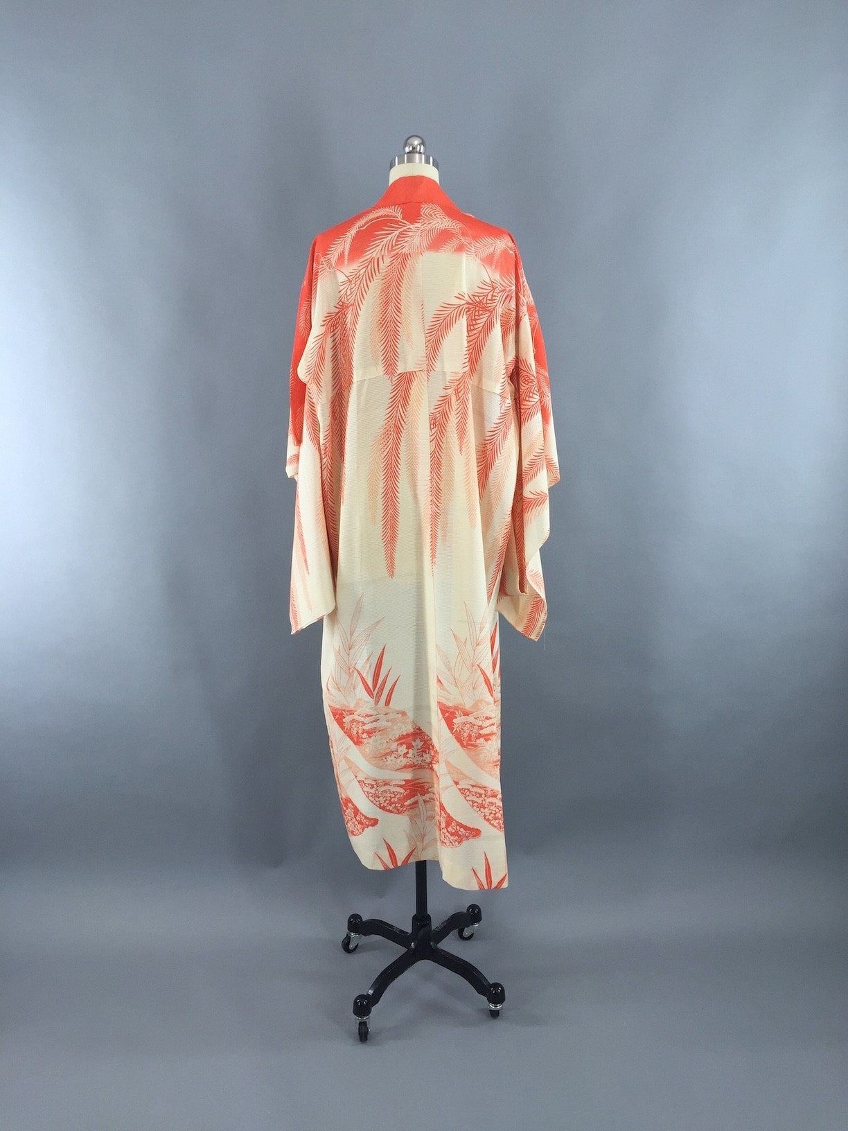 1920s Vintage Silk Kimono Robe / Orange Floral Print - ThisBlueBird