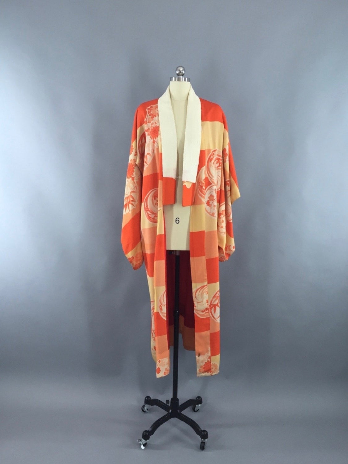 1920s Vintage Silk Kimono Robe / Orange Stripes Floral Print - ThisBlueBird
