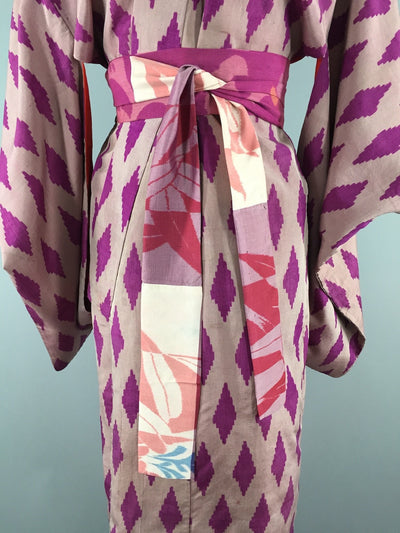 1920s Vintage Silk Kimono Robe / Pink Ikat Diamonds - ThisBlueBird