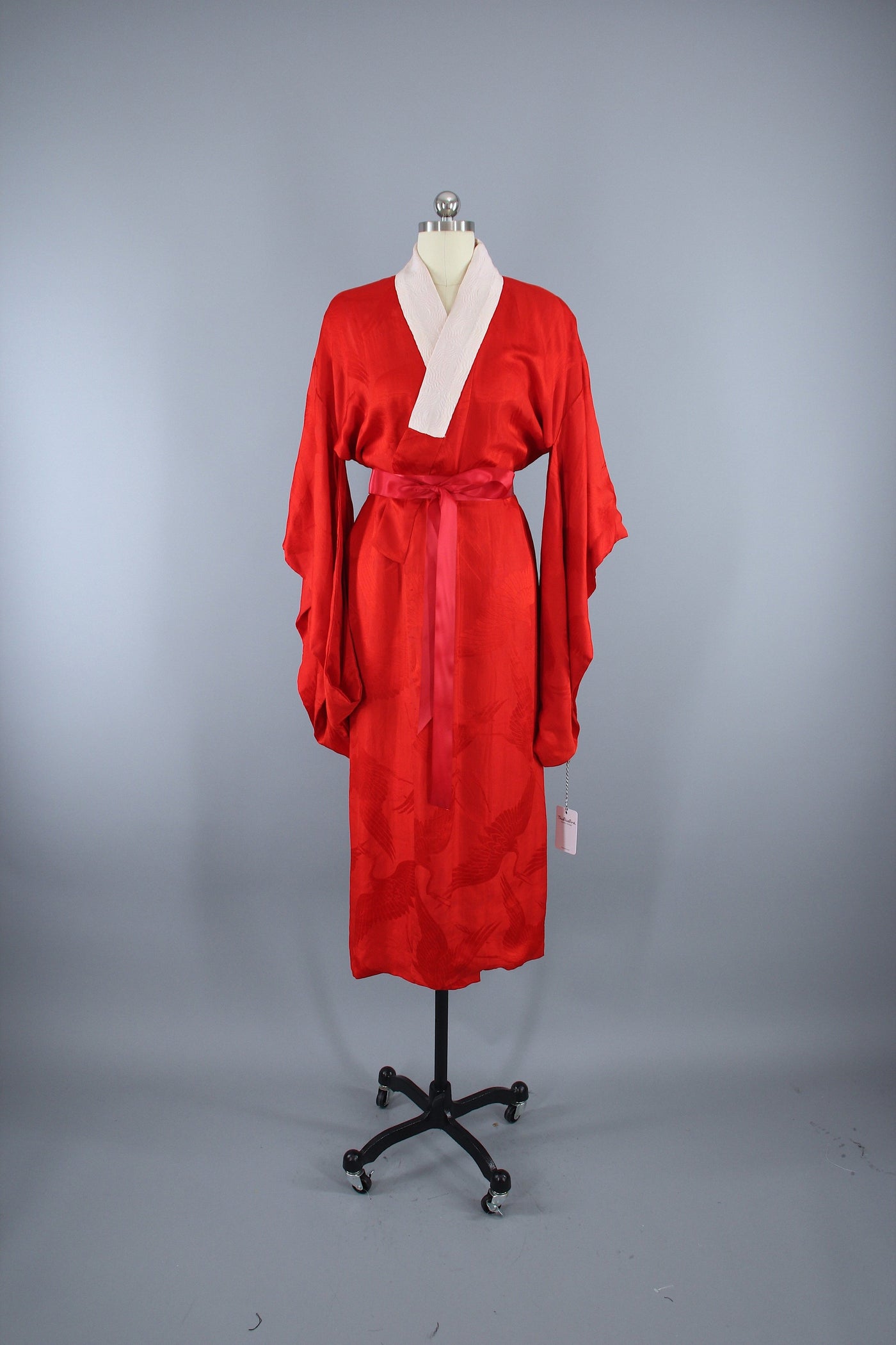 1920s Vintage Silk Kimono Robe / Red Flying Cranes - ThisBlueBird