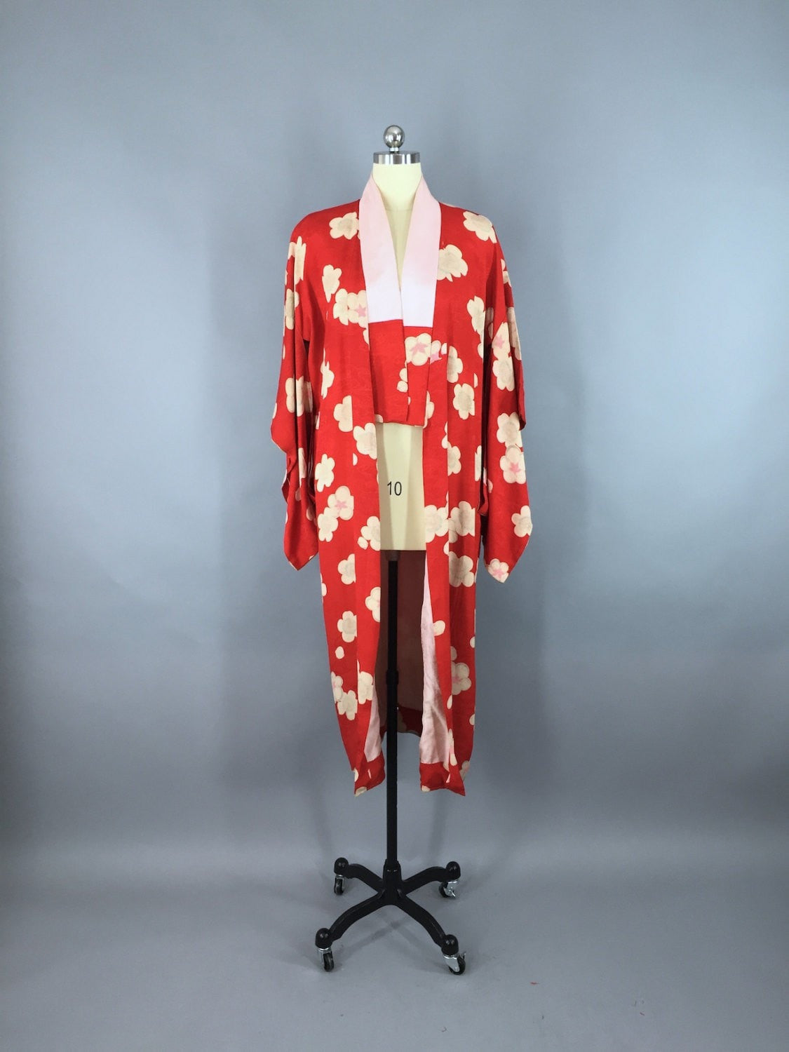 1920s Vintage Silk Kimono Robe / Red Foral Print - ThisBlueBird