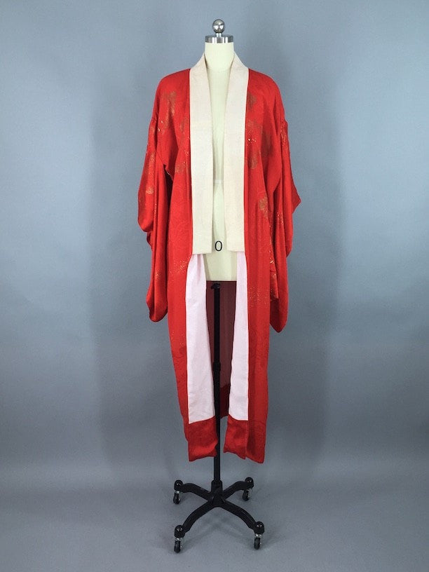 1920s Vintage Silk Kimono Robe / Red & Gold Cranes - ThisBlueBird