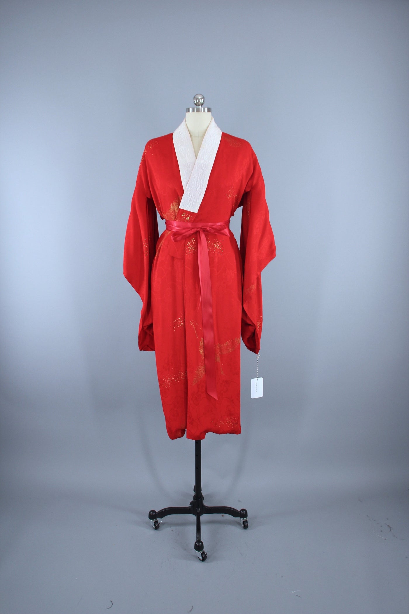 1920s Vintage Silk Kimono Robe / Red & Gold Flying Cranes - ThisBlueBird