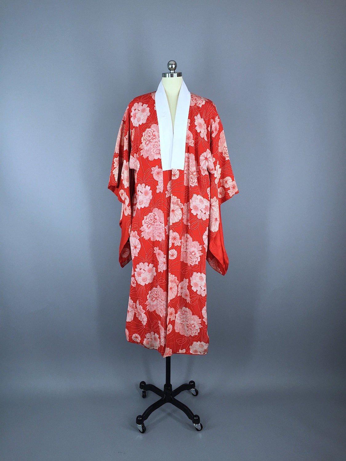 1920s Vintage Silk Kimono Robe / Red Peony Floral Print - ThisBlueBird