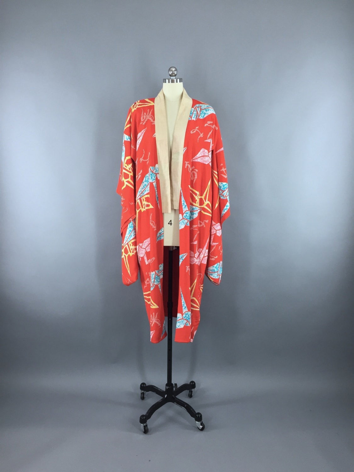 1920s Vintage Silk Kimono Robe with Origami Crane Birds Novelty Print - ThisBlueBird
