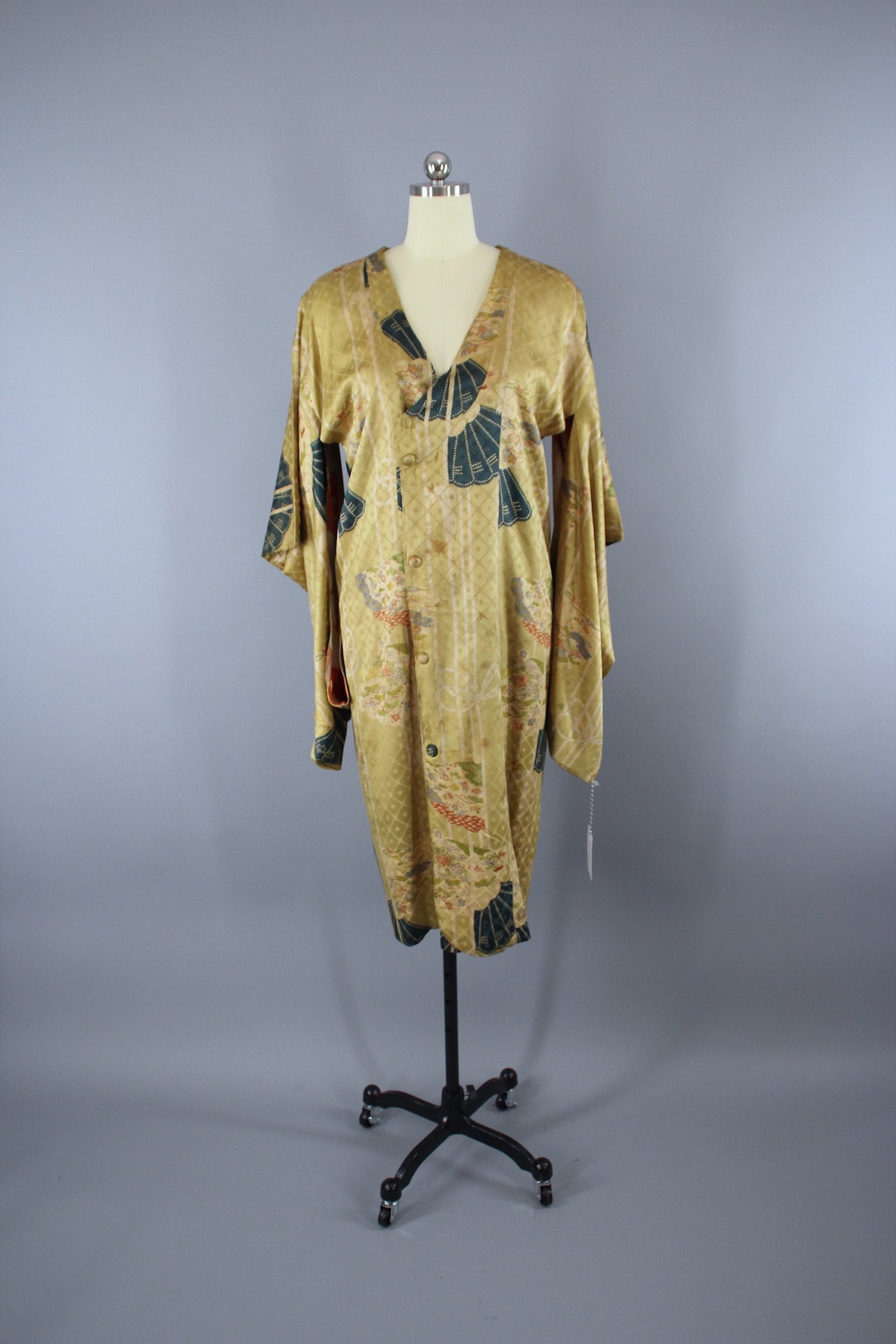 1920s Vintage Silk Michiyuki Kimono Coat Jacket / Green Gold Fan Pattern - ThisBlueBird