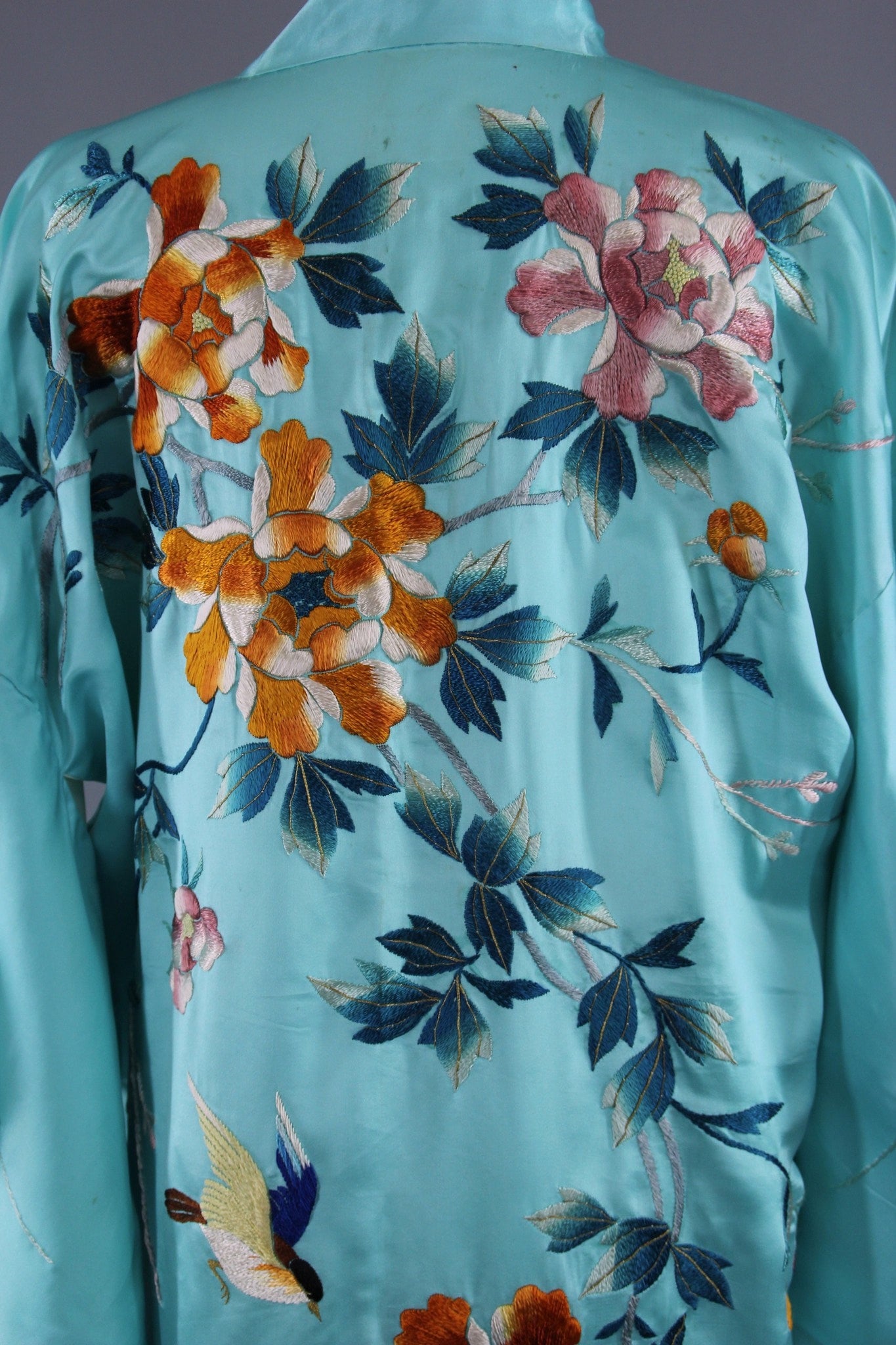 1930s Vintage Aqua Blue Silk Satin Embroidered Kimono Robe - ThisBlueBird