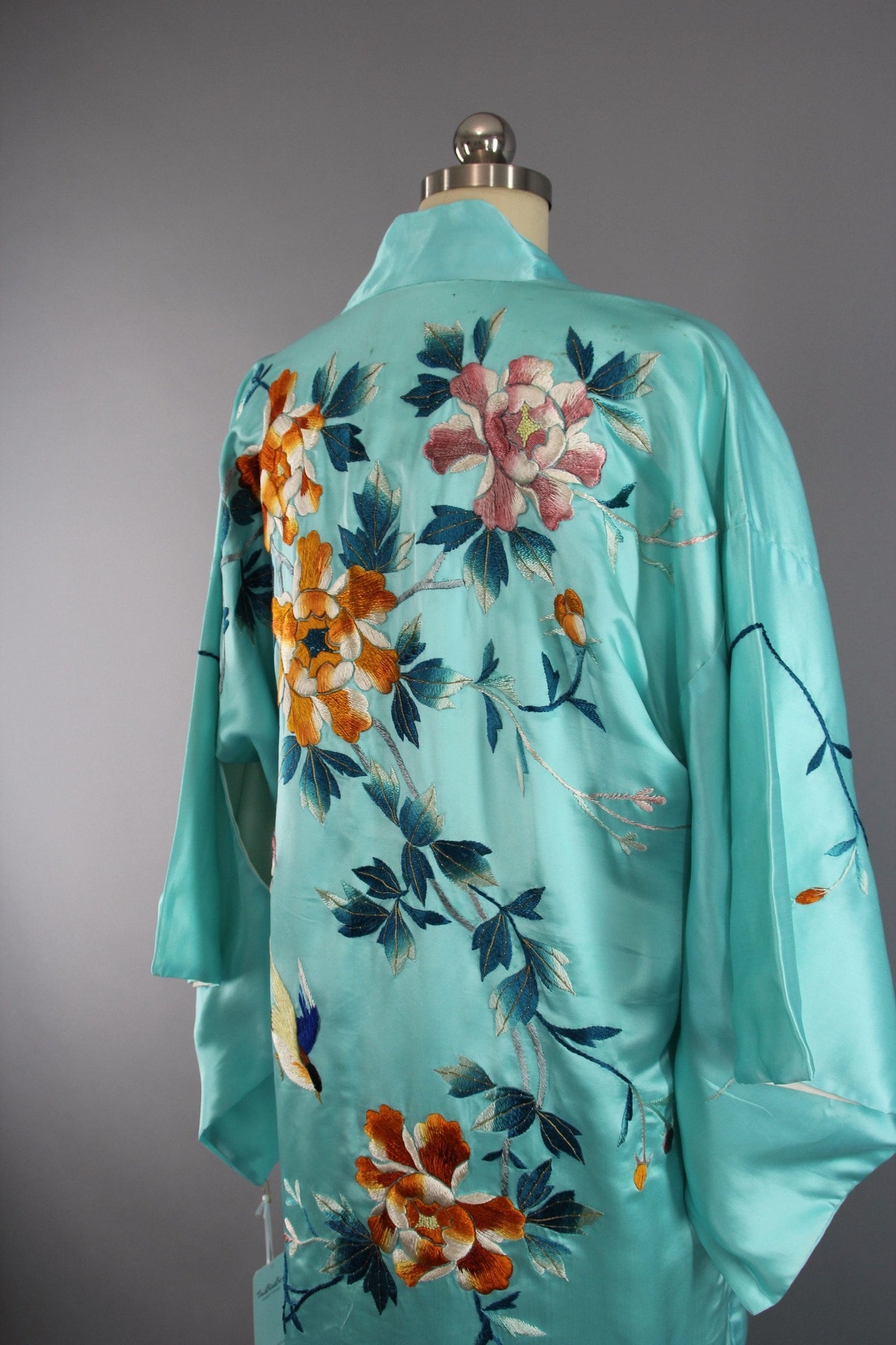 1930s Vintage Aqua Blue Silk Satin Embroidered Kimono Robe - ThisBlueBird