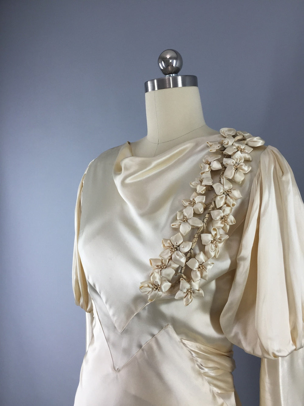 1930s Vintage Bias Cut Ivory Satin Bridal Gown Wedding Dress - ThisBlueBird