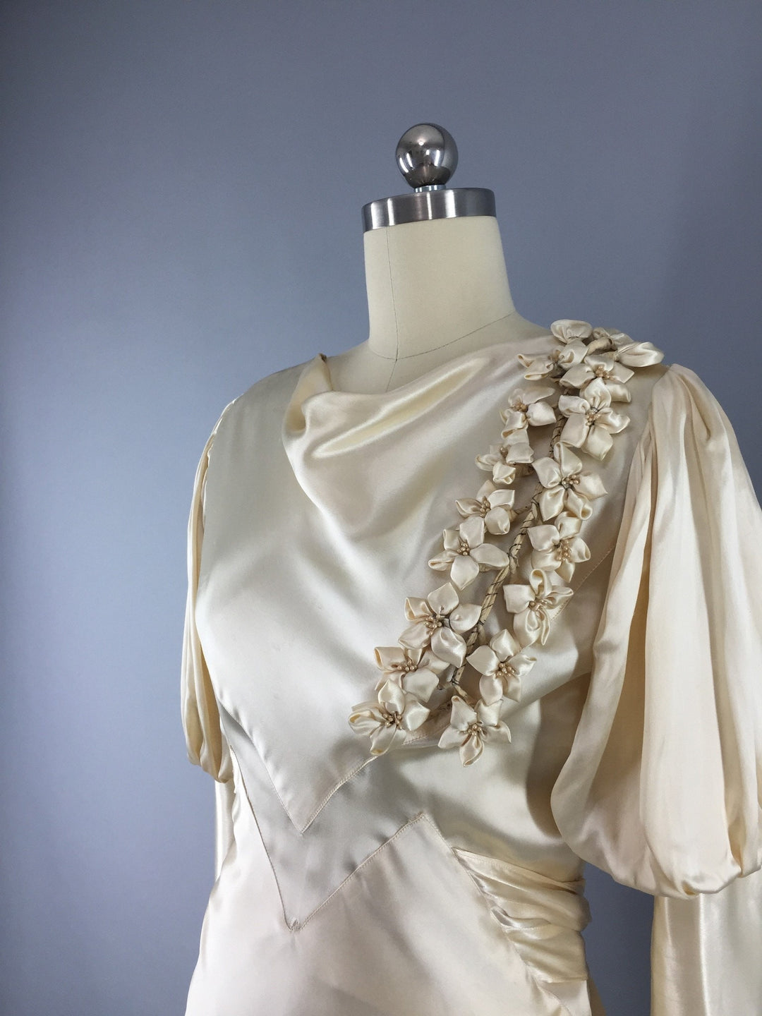 1930s Vintage Bias Cut Ivory Satin Bridal Gown Wedding Dress - ThisBlueBird