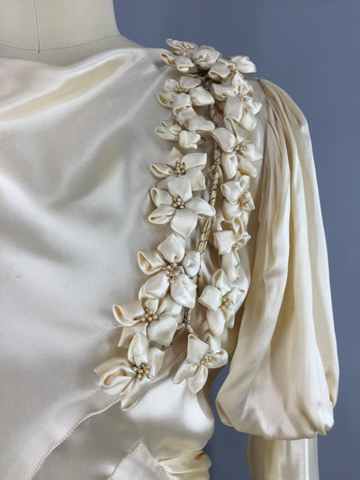 1930s Vintage Bias Cut Ivory Satin Bridal Gown Wedding Dress - ThisBlueBird