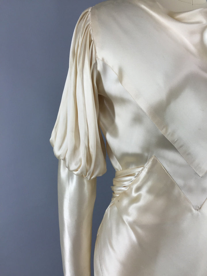 1930s Vintage Bias Cut Ivory Satin Bridal Gown Wedding Dress - ThisBlueBird