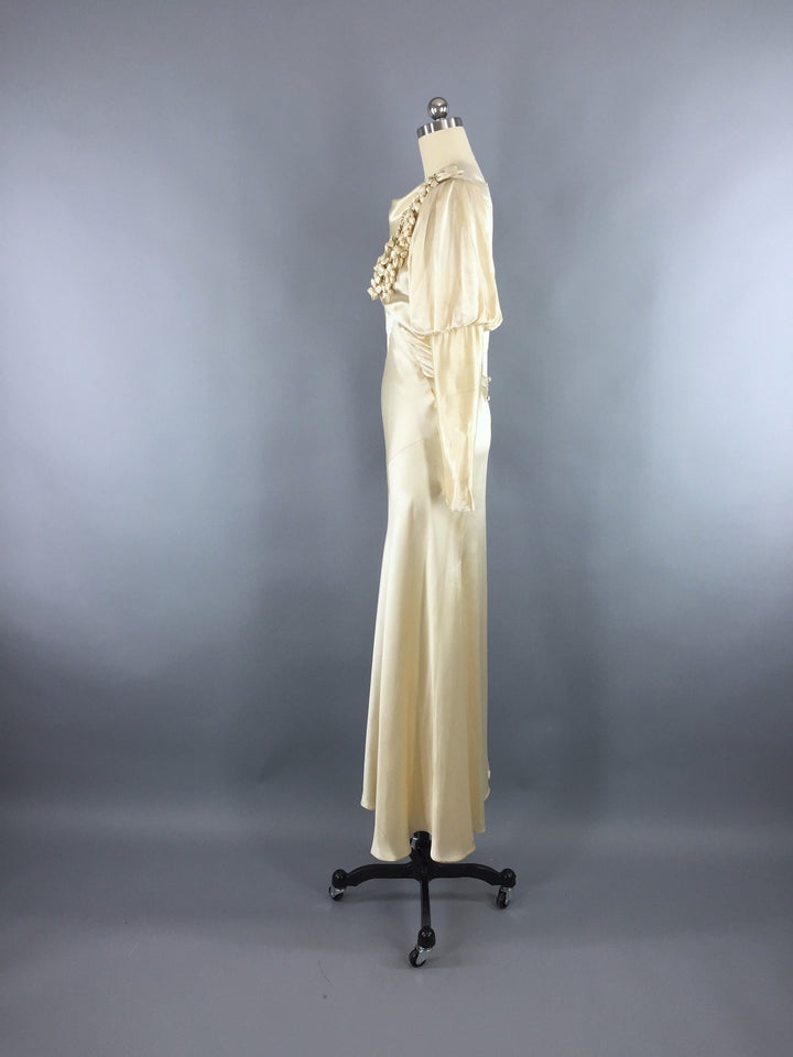 1930s Vintage Bias Cut Ivory Satin Bridal Gown Wedding Dress - ThisBlueBird