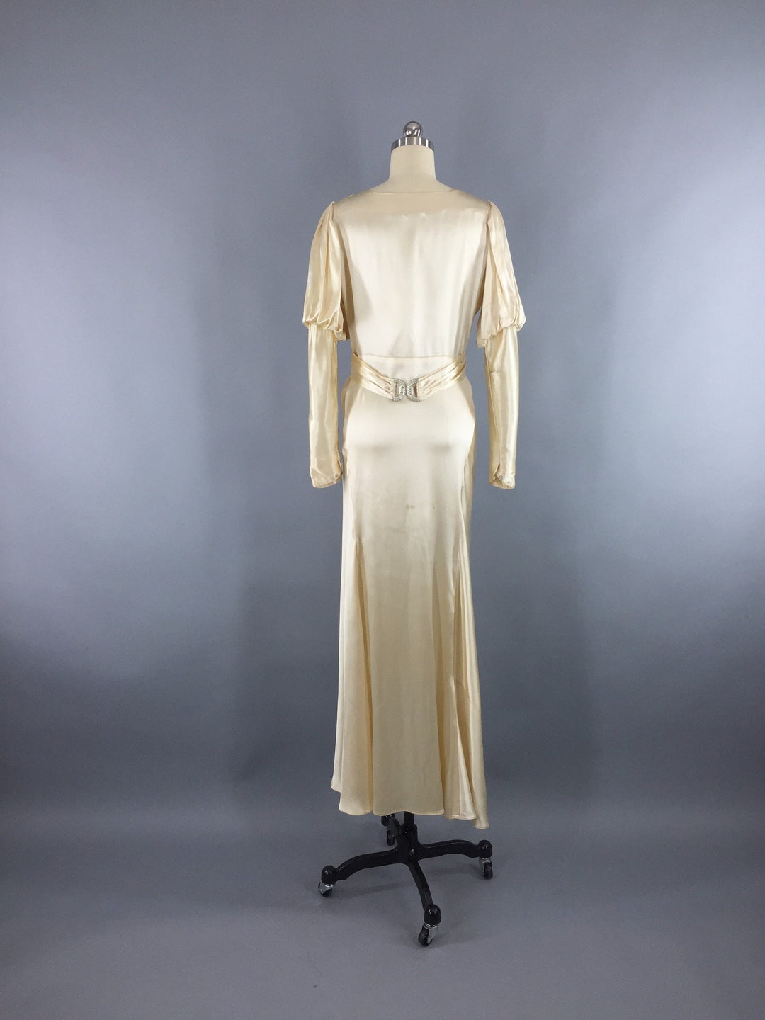 1930s Vintage Bias Cut Ivory Satin Bridal Gown Wedding Dress - ThisBlueBird