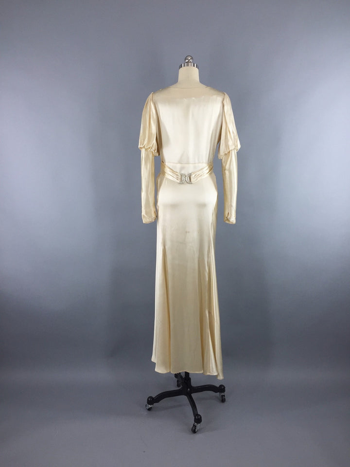 1930s Vintage Bias Cut Ivory Satin Bridal Gown Wedding Dress - ThisBlueBird