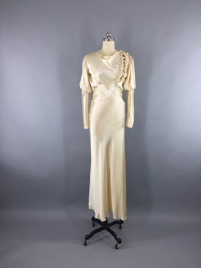 1930s Vintage Bias Cut Ivory Satin Bridal Gown Wedding Dress - ThisBlueBird