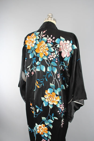 1930s Vintage Black Silk Satin Embroidered Kimono Robe - ThisBlueBird