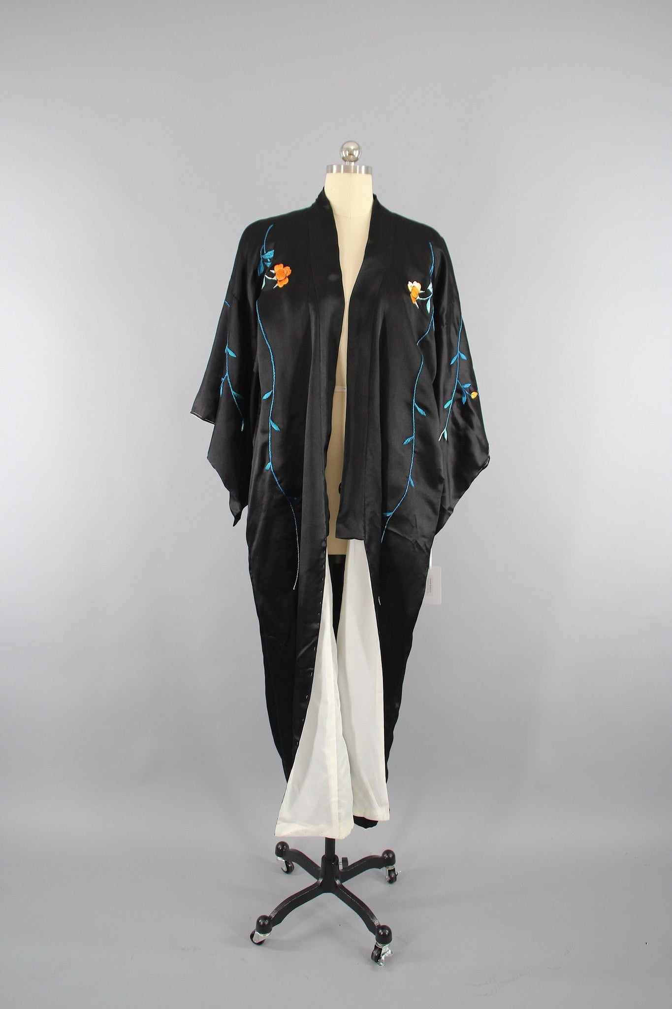 1930s Vintage Black Silk Satin Embroidered Kimono Robe - ThisBlueBird