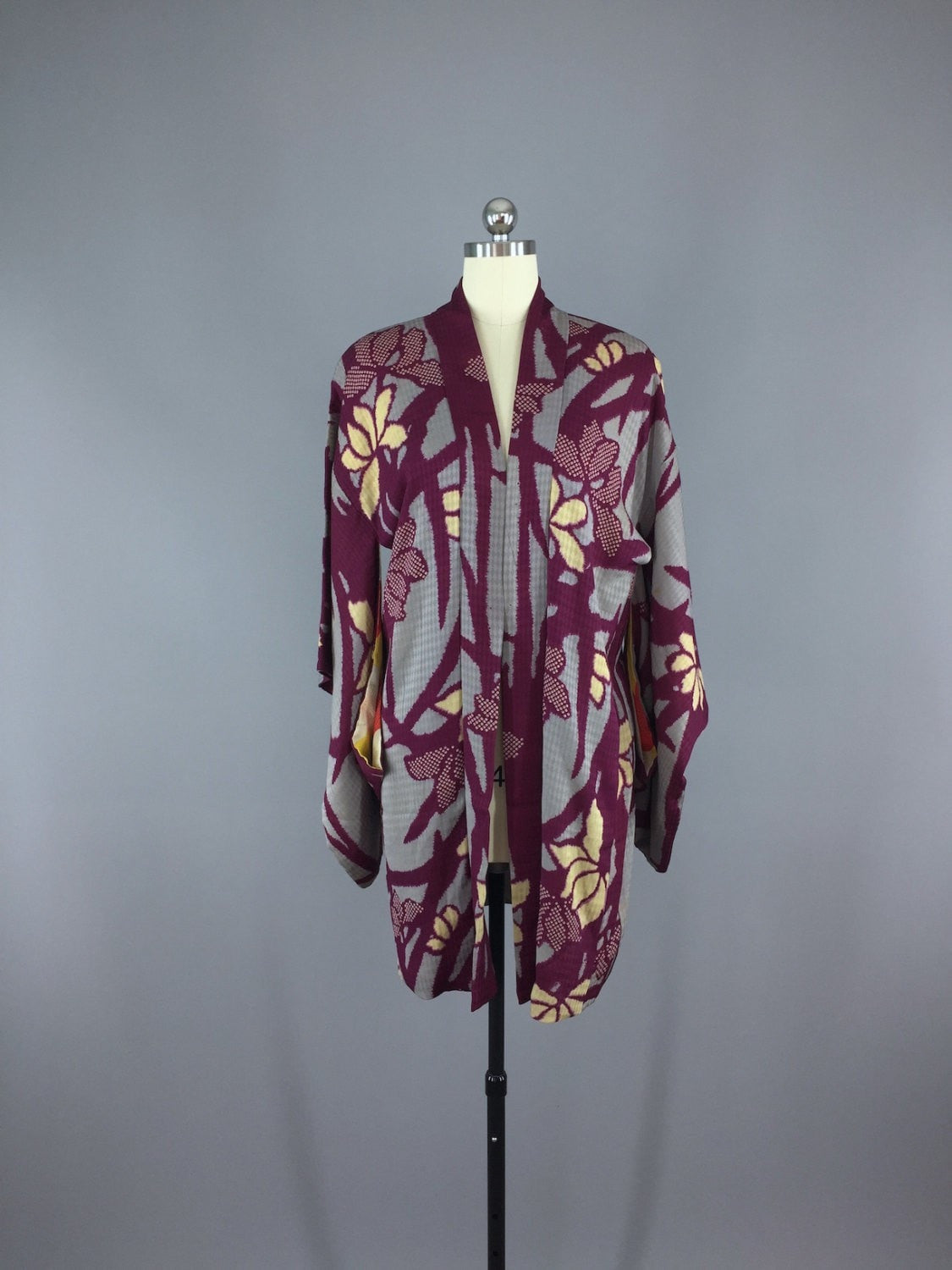 1930s Vintage Silk Haori Kimono Cardigan Jacket / Purple & Grey Floral Print - ThisBlueBird