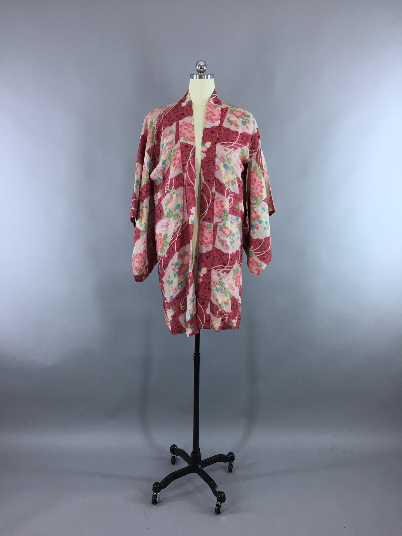 1930s Vintage Silk Haori Kimono Cardigan Jacket with Berry Pink Floral Print - ThisBlueBird