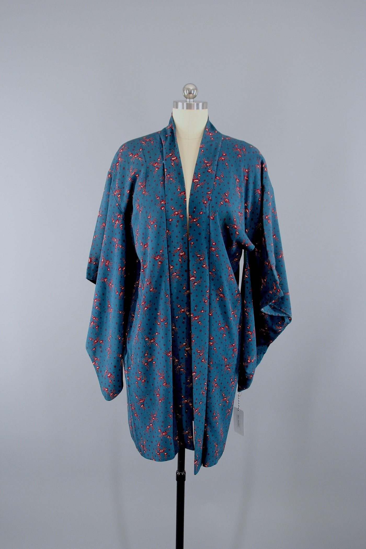 1930s Vintage Silk Haori Kimono Jacket Cardigan / Teal Blue Tiny Floral Print - ThisBlueBird